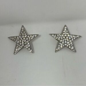 Vintage Silver Tone Rhinestone Star Clip On Earrings Pave Crystal